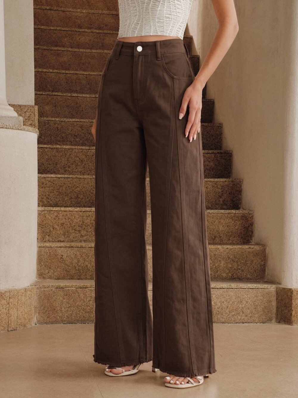 Coffee Brown Elegant Women's High Waist Wide Leg Jeans